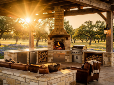 Custom stone outdoor kitchen in Greenville, TX with built-in grill and counter space